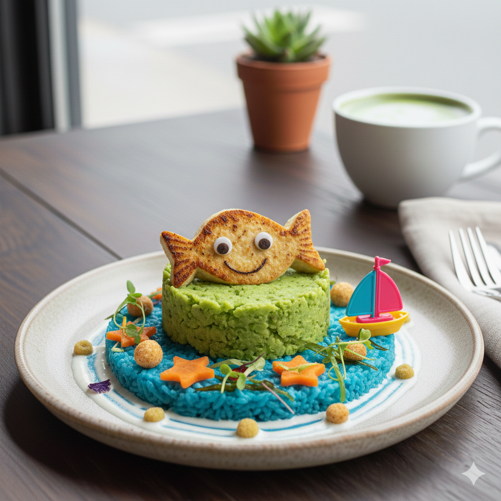 Island Fish — smiling fish-shaped rice on a blue ocean plate with star-shaped veggies